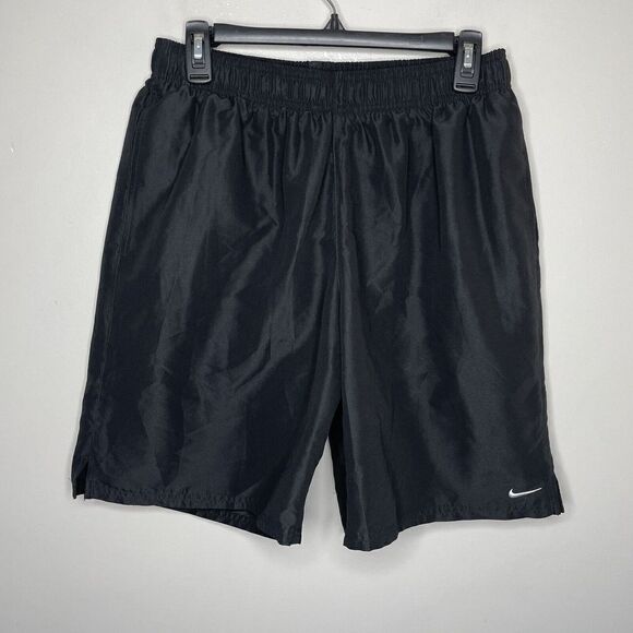 NIKE Swim Trunks Mens Large L Black Volley Shorts Lined Elastic Waist Pockets - Picture 1 of 9